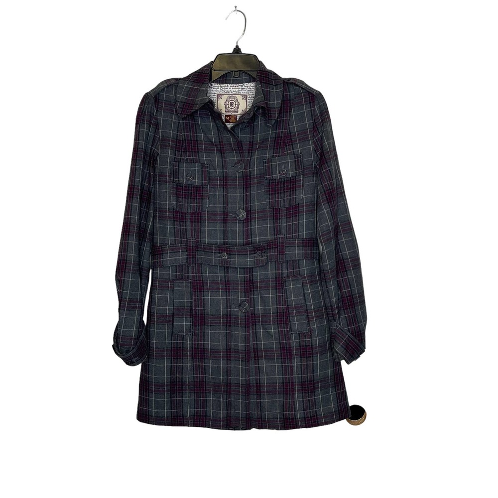 Empyre Overcoat Size Medium Gray Purple Plaid Womens Cotton Button UP & Belted